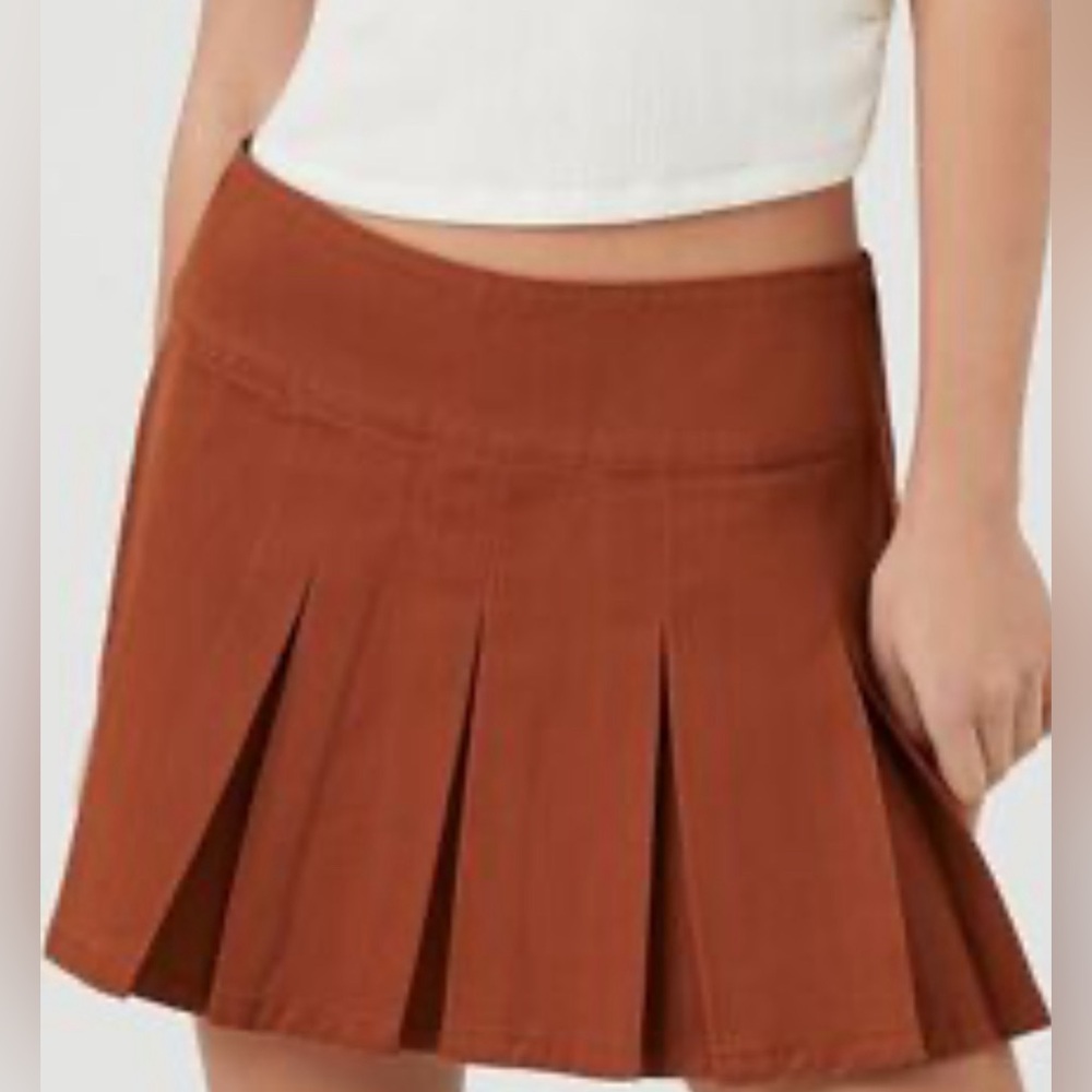 Khaki Pleated Twill Mini Skirt